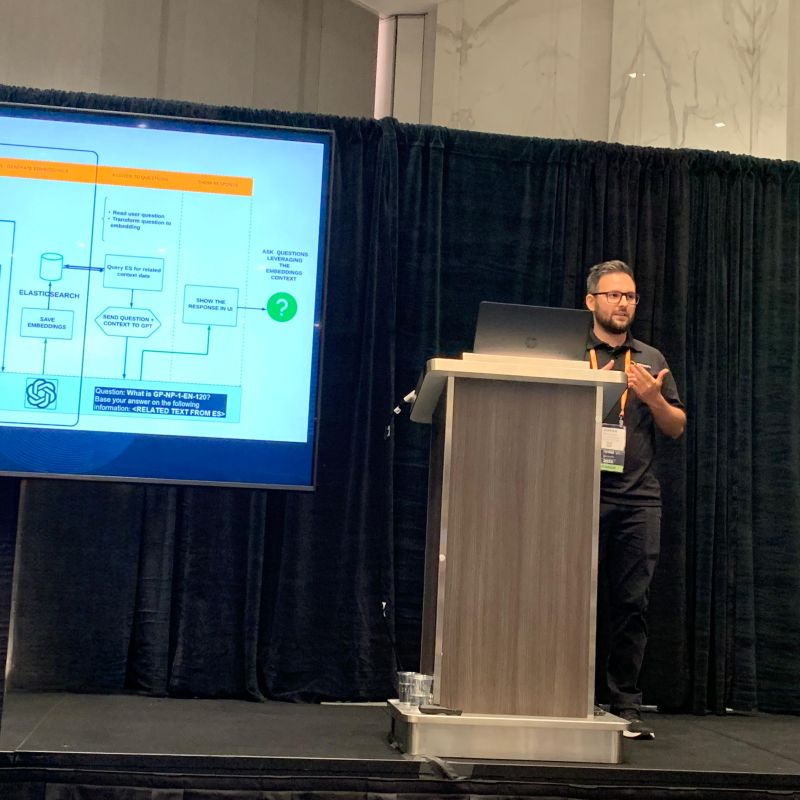 Adrian Besleaga presenting AI Content Assistant at a tech talk in Las Vegas